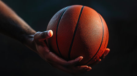 A close-up image showcasing a hand gripping a basketball, emphasizing the ball's texture and patterns with a dark background, perfect for sports themes.の素材