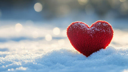A vibrant red heart rests gently on a snowy landscape, evoking feelings of love and tranquility, set against a shimmering, blurred background that captures winter's magic.の素材