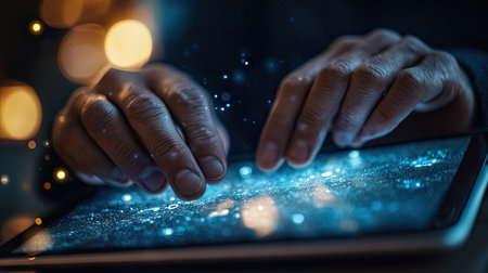 Close-up of human hands engaging with a tablet screen displaying digital technology elements, set against a backdrop of soft bokeh lights in a contemporary workspace.の素材