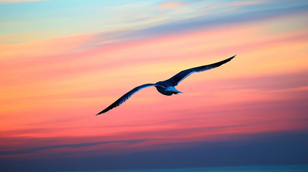 A solitary seagull glides gracefully through the colorful sky at sunset, embodying freedom and beauty in nature's serene evening atmosphere, perfect for nature lovers.の素材