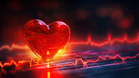 A stunning heart symbol shines with a glowing red hue against a digital background, complemented by a pulse line, symbolizing love and vitality in a captivating artistic design.の素材