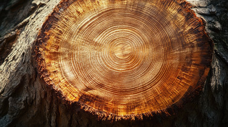 A close-up shot of a tree stump showcasing intricate ring patterns illuminated by natural light. This image captures the beauty of nature and the essence of growth.の素材