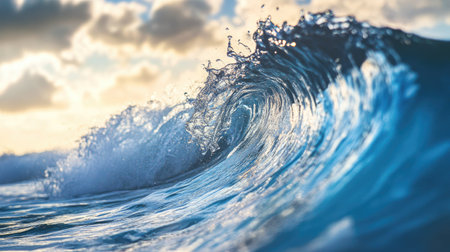 A stunning close-up of an ocean wave forming, showcasing the vibrant blue water and the interplay of light with clouds in the background. Perfect for nature and travel themes.の素材