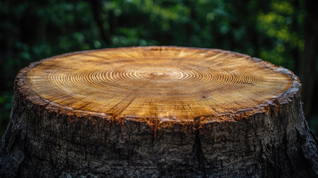 A detailed close-up view of a wood tree stump, showcasing annual rings and rich textures. The natural background creates a serene atmosphere in the forest.の素材