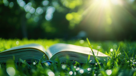 A vibrant scene featuring an open book resting on lush green grass, illuminated by soft sunlight, perfect for moments of reading, reflection, and education in nature.の素材