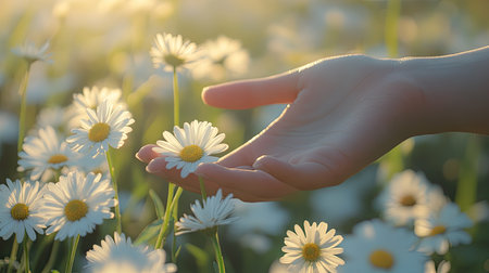 A gentle hand reaches for a daisy in a sunlit flower field, capturing the essence of spring and the beauty of nature, evoking feelings of tranquility and peace.の素材
