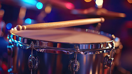 A vibrant close-up image of a snare drum featuring a wooden stick atop, illuminated by colorful stage lights during a lively music performance.の素材