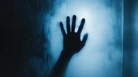 A haunting image showcasing a solitary hand pressed against a foggy glass surface, illuminated by an ethereal blue light, evoking feelings of mystery and isolation.の素材