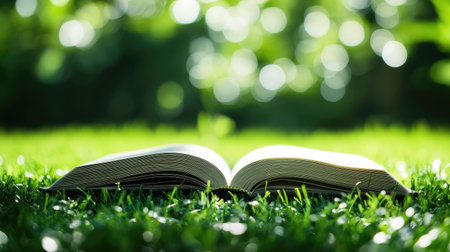 A captivating image of an open book resting on lush green grass, surrounded by a soft blurred background. This scene evokes themes of knowledge, relaxation, and nature.の素材