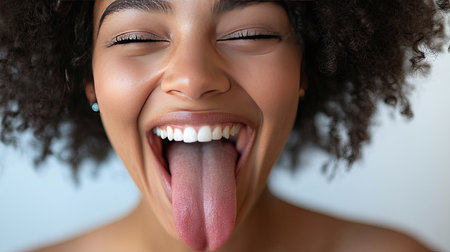 Close-up of a joyful woman expressing happiness with a big smile and her tongue out. Her curly hair and bright eyes reflect a carefree and playful spirit.の素材