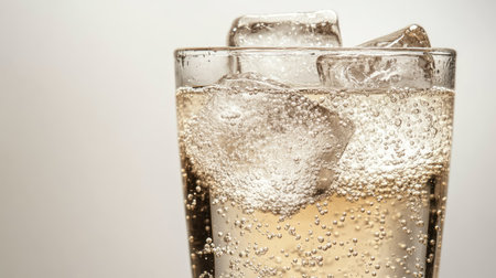 A close-up view of a refreshing sparkling beverage with ice cubes in a clear glass, perfect for conveying the essence of summer hydration and enjoyment.の素材