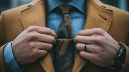 A close-up image of a well-dressed man adjusting his tie while wearing a stylish coat, showcasing an elegant and professional appearance against an urban backdrop.の素材