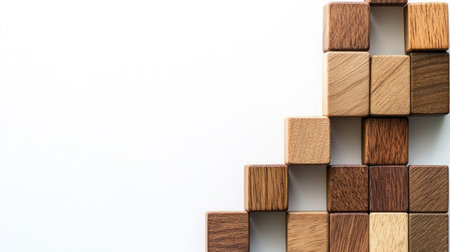 A collection of wooden building blocks arranged in a creative pattern, showcasing various textures and colors against a minimalistic background. Perfect for artistic concepts.の素材