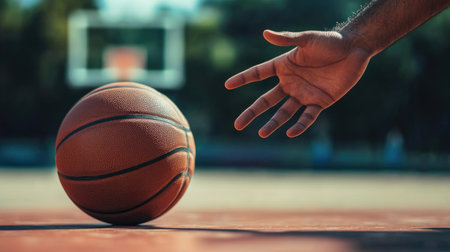 A close-up view of a hand reaching out towards a basketball on the court, capturing the dynamic energy and passion of the sport in a sunny outdoor setting.の素材