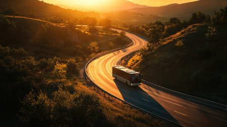 A stunning view of a bus traveling along a winding road at sunset, surrounded by lush hills and vibrant greenery, evoking a sense of adventure and natural beauty.の素材
