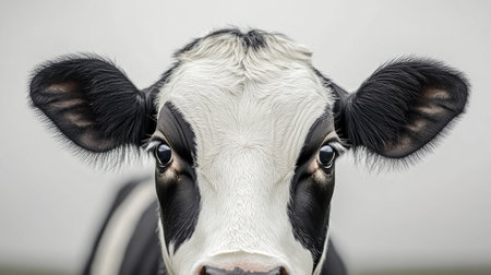 This image showcases a close-up portrait of a Holstein cow, emphasizing its striking black and white features. The soft gray background highlights the cow's eyes and ears.の素材
