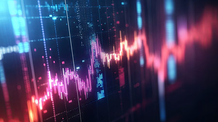 This vibrant digital image illustrates stock market data with colorful lines and bars, showcasing financial trends and economic performance analysis in a modern style.の素材