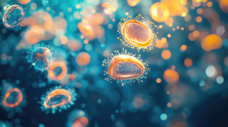 Explore the mesmerizing world of organic cells with this vibrant microscopic image, showcasing intricate details and colorful structures illuminated in a digital representation.の素材