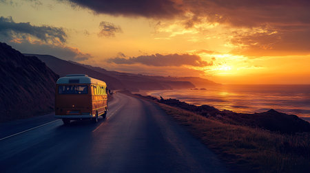 A vintage bus travels along a peaceful coastal road at sunset, illuminating the serene landscape with warm hues and inviting atmosphere perfect for exploration.の素材