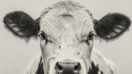 This close-up image captures a serene dairy cow with a gentle expression, showcasing its soft features and attentive eyes against a neutral background, emphasizing farm life.の素材