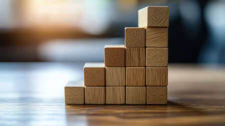 A close-up view of wooden blocks arranged in a staircase pattern on a tabletop, symbolizing growth and progress in a sleek, minimalist indoor environment.の素材