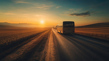 A beautiful sunset view featuring a bus traveling on a rural road, surrounded by golden fields and distant mountains, evoking feelings of adventure and tranquility.の素材