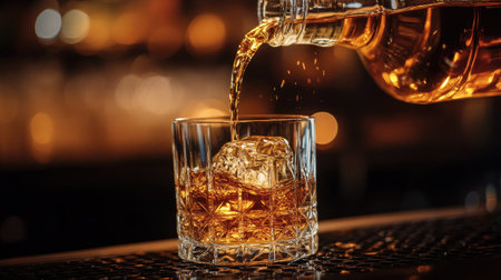 A skilled bartender pours a rich amber drink into a classic glass filled with ice, set against a softly lit bar background that enhances the cozy atmosphere.の素材