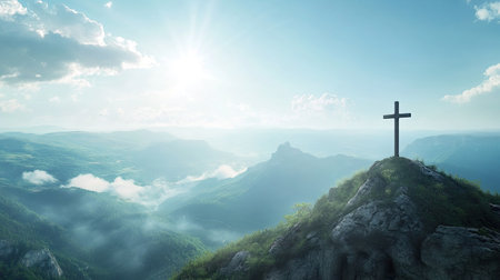 A tranquil mountain landscape featuring a cross atop a rocky outcrop, with sunlight filtering through clouds and illuminating the lush valley below, evoking peace.の素材