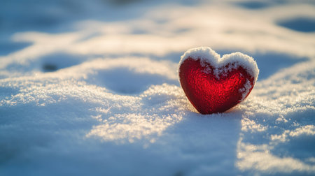 A stunning red heart ornament rests delicately on a blanket of snow, embodying warmth and love in a tranquil winter landscape filled with serene beauty.の素材