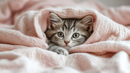 A charming grey striped kitten rests peacefully wrapped in a soft pink blanket, revealing its big curious eyes and fluffy fur, embodying warmth and comfort.の素材