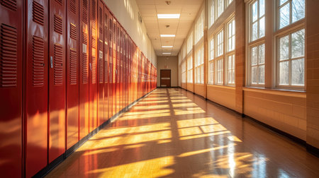 This image features a bright school hallway adorned with red lockers, bathed in warm sunlight that casts intriguing shadows on the polished floor.の素材
