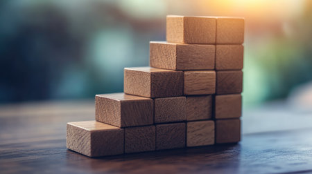 A close-up view of wooden blocks arranged in a staircase formation, illustrating concepts of growth and progress in a calming, natural environment with soft lighting.の素材