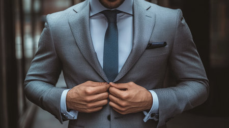 A stylish businessman adjusts his suit jacket in an urban setting, highlighting modern fashion and confidence. Perfect for corporate and professional themes.の素材