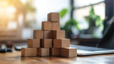 A charming arrangement of wooden building blocks in a pyramid form on a desk, capturing the essence of creativity and learning in a bright and inviting office space.の素材