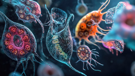 Dive into a stunning microscopic view showcasing vibrant microorganisms in an aquatic setting. This image reveals the intricacies of diverse life forms through scientific observation.の素材