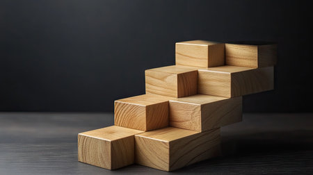 A minimalist arrangement of wooden blocks in ascending steps against a dark background, representing concepts of growth and creativity in design and architecture.の素材