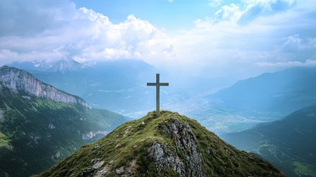 A stunning mountain landscape features a solitary cross atop a grassy hill, surrounded by majestic peaks and a dramatic sky filled with clouds, evoking peace.の素材