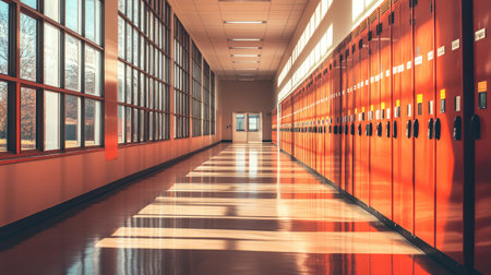 A spacious school hallway featuring bright orange lockers and large windows, inviting natural light that creates beautiful patterns on the polished floor.の素材