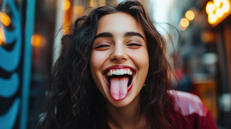 A joyful young woman expresses her lively spirit by playfully sticking out her tongue while laughing in an energetic urban setting filled with color and life.の素材