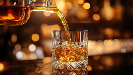 A captivating image of golden whiskey being poured over ice in a crystal glass, set against a backdrop of a stylish bar with warm, inviting lights. Perfect for luxury themes.の素材