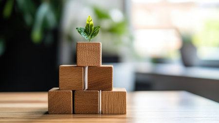 A striking composition featuring wooden blocks arranged in a pyramid shape, with a lush green plant sprouting at the top, representing growth and sustainability in a serene indoor setting.の素材
