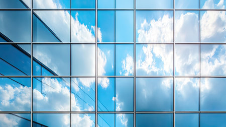 A stunning view of a modern glass building facade reflecting a bright blue sky with fluffy clouds, showcasing sleek architecture and urban design elements.の素材