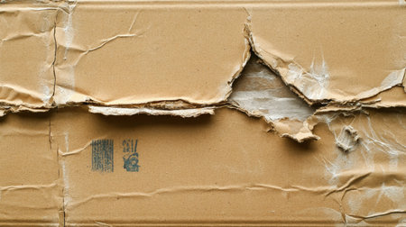 This close-up image captures a worn and torn cardboard box, showcasing textures and imprints that tell a story of usage and age in everyday life.の素材