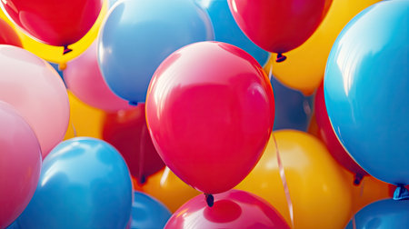 A lively collection of colorful balloons featuring red, blue, yellow, and pink shades. Ideal for evoking joy and celebration in various festive events or gatherings.の素材
