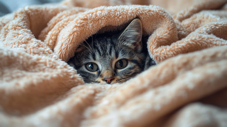 A charming scene of a kitten peeking out from a fluffy blanket, showcasing its playful eyes and soft fur. This warm moment captures feline comfort and relaxation.の素材