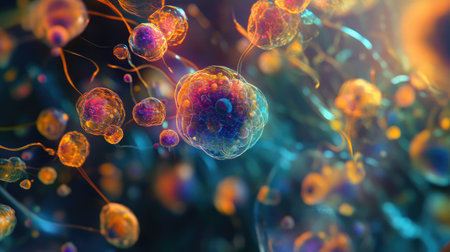 Explore a stunning microscopic view featuring vibrant colored cells, ideal for scientific, educational, and artistic projects highlighting the beauty of biology.の素材