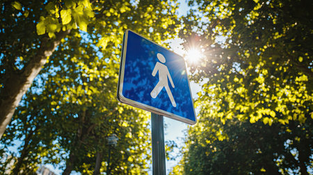 A vibrant walking path sign captures attention in an urban park with lush trees and sunlight streaming through. This image conveys a sense of leisure and tranquility.の素材