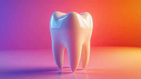 A glossy white tooth model stands out against a vibrant gradient background. This image symbolizes dental health, hygiene, and modern oral care in a visually appealing manner.の素材