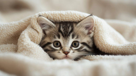 A charming tabby kitten peeks out from a soft fleece blanket, showcasing its big eyes and adorable expression, radiating warmth and comfort in a cozy indoor environment.の素材
