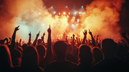 A vibrant scene capturing an energetic crowd at a concert, with hands raised in excitement, illuminated by colorful lights and enveloped in smoke for a thrilling atmosphere.の素材